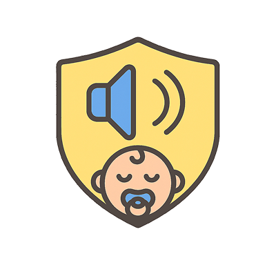 Baby face in shield with sound icon