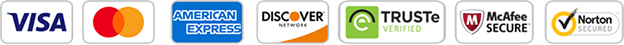 Payment method icons including Visa, MasterCard, American Express, Discover, TRUSTe Verified, McAfee Secure, and Norton Secured