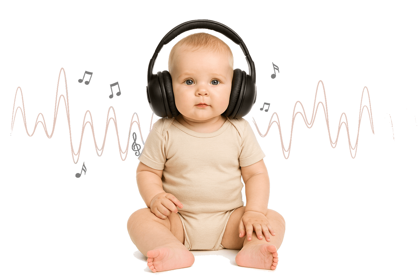 Baby wearing headphones with music notes around