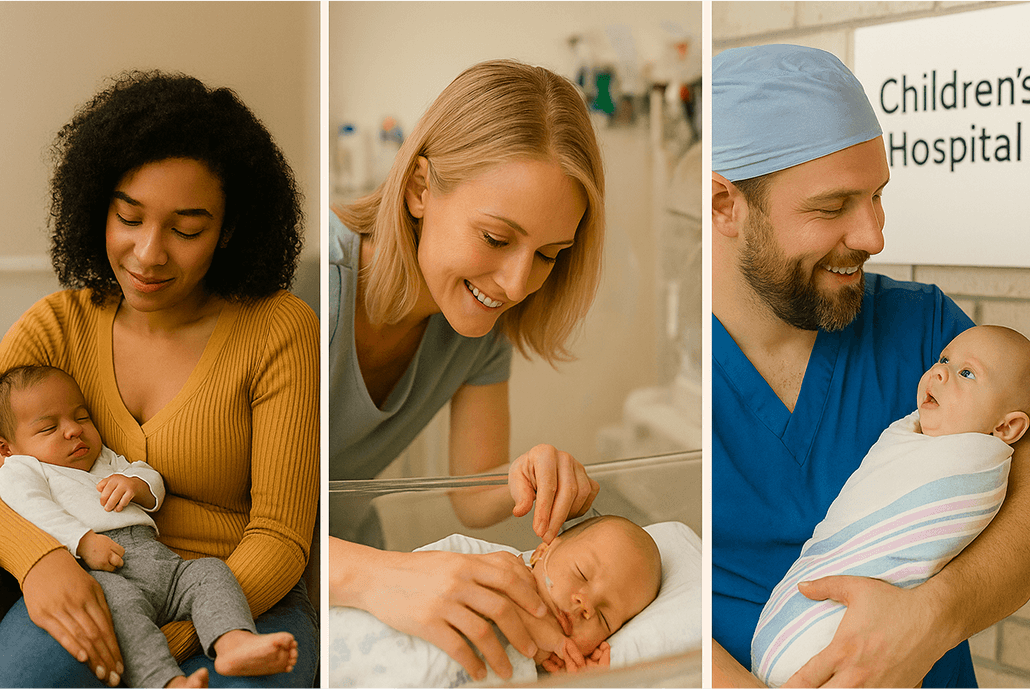 Mother with baby, nurse caring for newborn, doctor holding baby