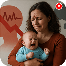 Crying baby in mother's arms with stress icons in background