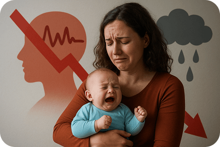 Crying baby in mother's arms with stress icons in background