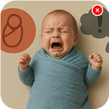 Swaddled baby crying with stress symbols