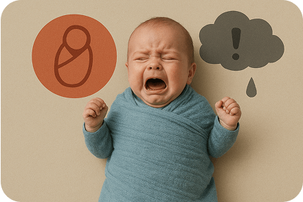 Swaddled baby crying with stress symbols
