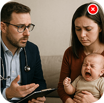 Doctor talking to worried mother holding crying baby