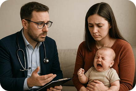 Doctor talking to worried mother holding crying baby