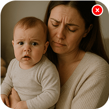 Mother holding baby beside tablet showing music icon