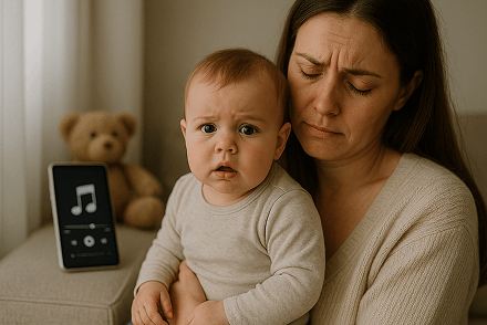 Mother holding baby beside tablet showing music icon