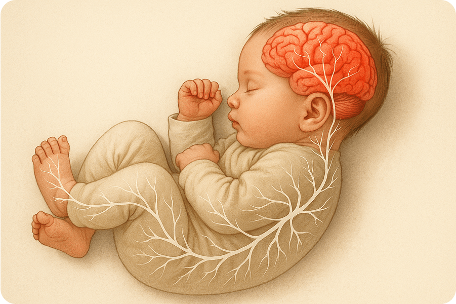 Illustration of baby with highlighted brain and nervous system