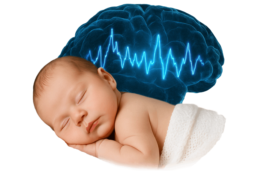 Sleeping baby with glowing brainwave graphic