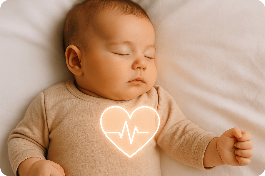 Sleeping baby with glowing heart icon on chest